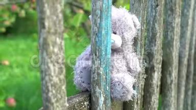 被遗弃的玩具<strong>灰色</strong>悲伤的熊坐在老式的乡间篱笆上，背景是绿色的<strong>苹果</strong>树。 周围没有人
